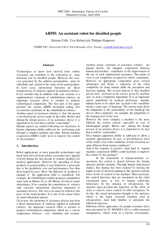 ARPH: An assistant robot for disabled people  Etienne Colle, Yves Rybarczyk, Philippe Hoppenot