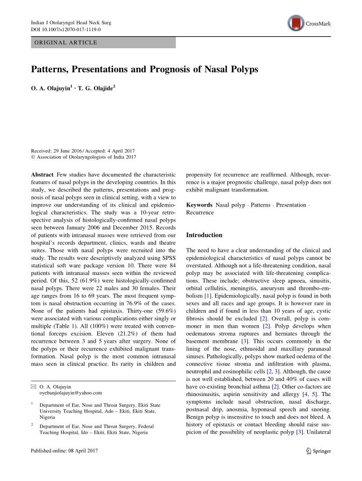 patterns presentations and prognosis of nasal polyps