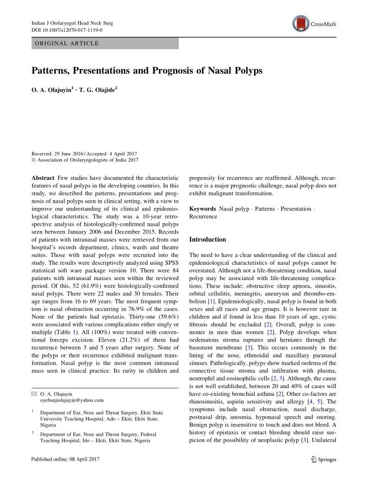 patterns presentations and prognosis of nasal polyps