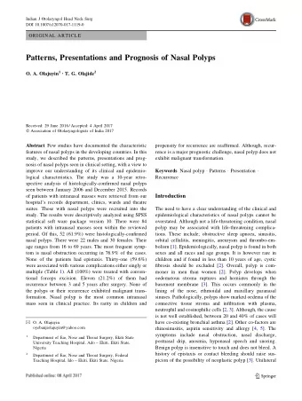 Patterns, Presentations and Prognosis of Nasal Polyps O. A. Olajuyin 1  T. G. Olajide 2