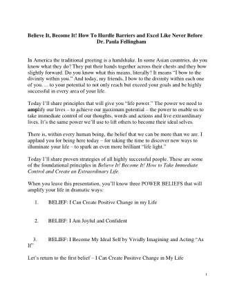 Believe It, Become It! How To Hurdle Barriers and Excel Like Never Before  Dr. Paula Fellingham  In