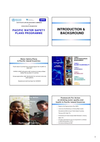 INTRODUCTION &amp;  PACIFIC WATER SAFETY  BACKGROUND  PLANS PROGRAMME  THEME 1  WATER RESOURCES