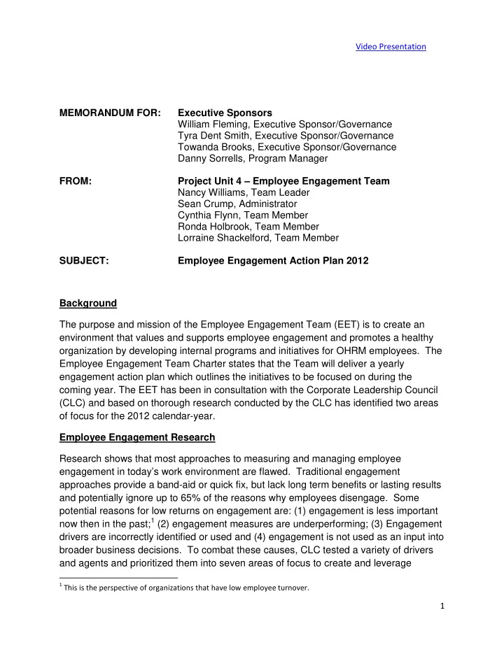 video presentation memorandum for executive sponsors