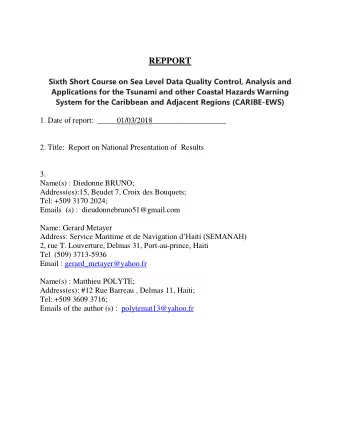 REPPORT  Sixth Short Course on Sea Level Data Quality Control, Analysis and  Applications for the