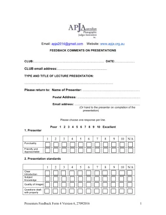 Email: apja2014@gmail.com    Website: www.apja.org.au  FEEDBACK COMMENTS ON PRESENTATIONS CLUB: