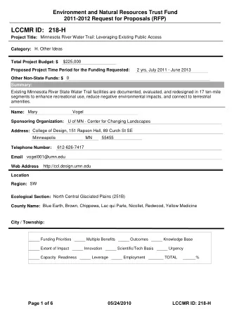 LCCMR ID: 218-H  Project Title:  Minnesota River Water Trail: Leveraging Existing Public Access