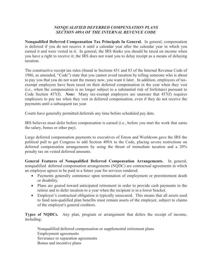 nonqualified deferred compensation plans section 409a of