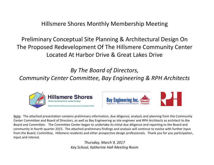 hillsmere shores monthly membership meeting preliminary