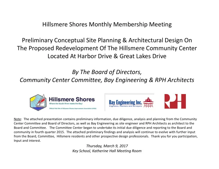 hillsmere shores monthly membership meeting preliminary