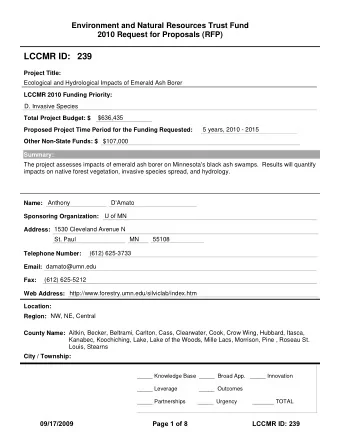 LCCMR ID: 239  Project Title:  Ecological and Hydrological Impacts of Emerald Ash Borer  LCCMR 2010
