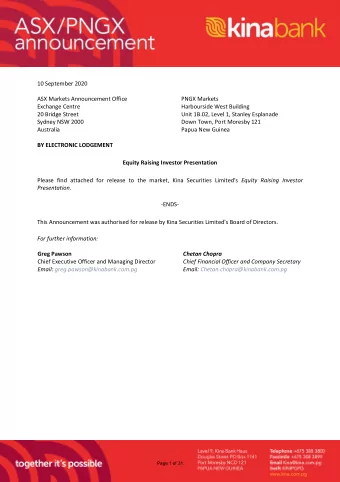 10 September 2020  ASX Markets Announcement Office  PNGX Markets  Exchange Centre Harbourside West
