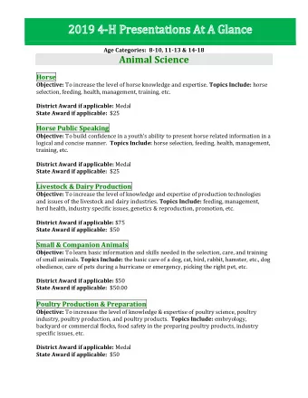 Age Categories:  8-10, 11-13 &amp; 14-18  Animal Science  Horse Objective: To increase the level of