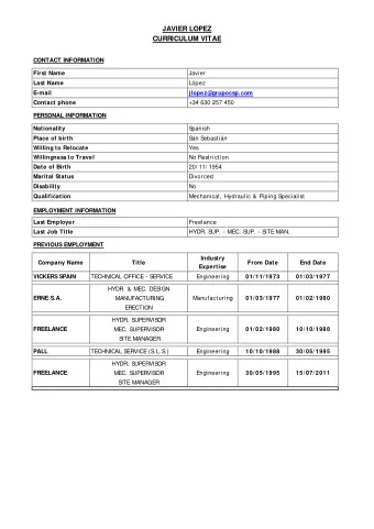 JAVIER LOPEZ  CURRICULUM VITAE  CONTACT INFORMATION  Javier  First Name  Lpez  Last Name  E-mail