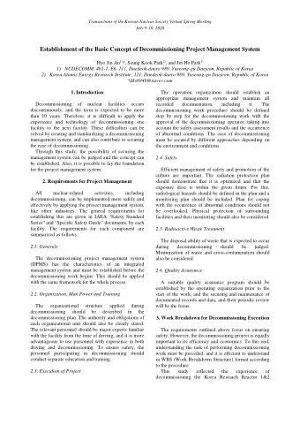 Establishment of the Basic Concept of Decommissioning Project Management System Hyo Jin An 1) *,