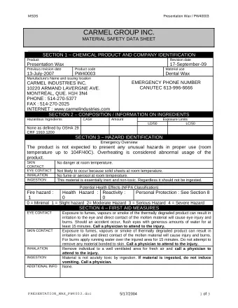 CARMEL GROUP INC.  MATERIAL SAFETY DATA SHEET  SECTION 1  CHEMICAL PRODUCT AND COMPANY