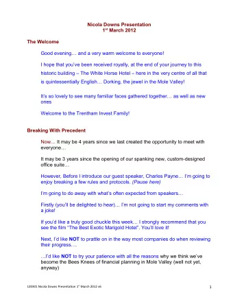 Nicola Downs Presentation 1 st March 2012  The Welcome  Good evening and a very warm welcome to