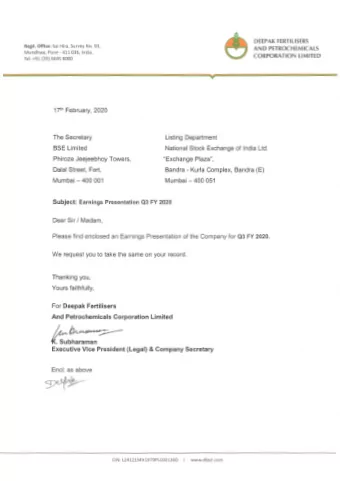 AGM Presentation  Deepak Fertilisers And  August 2019  Petrochemicals Corporation Ltd.  Q3 FY2020