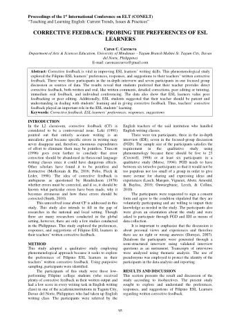 CORRECTIVE FEEDBACK: PROBING THE PREFERENCES OF ESL  LEARNERS  Caren C. Carcueva Department of Arts