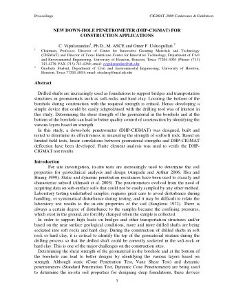 NEW DOWN-HOLE PENETROMETER (DHP-CIGMAT) FOR  CONSTRUCTION APPLICATIONS C. Vipulanandan 1 , Ph.D.,