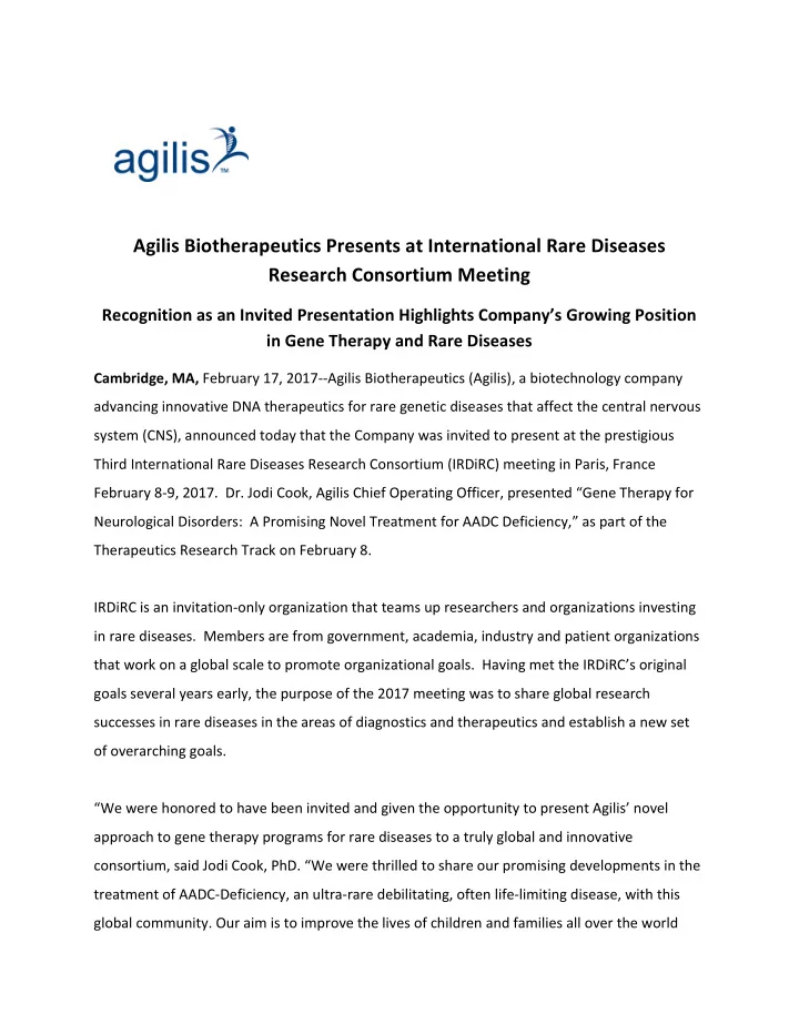 agilis biotherapeutics presents at international rare