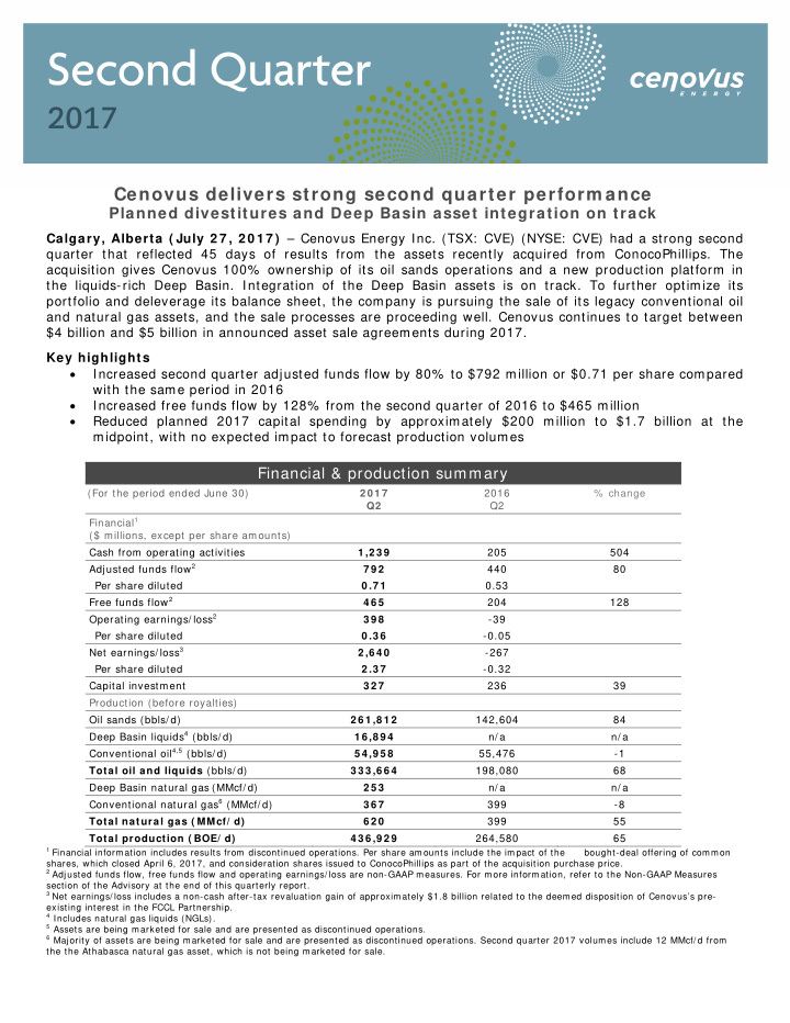 cenovus delivers strong second quarter perform ance