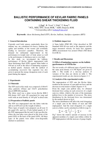 BALLISTIC PERFORMANCE OF KEVLAR FABRIC PANELS CONTAINING SHEAR THICKENING FLUID J. Park 1 , B. Yoon