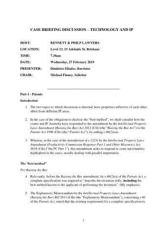 CASE BRIEFING DISCUSSION  TECHNOLOGY AND IP  HOST:  BENNETT &amp; PHILP LAWYERS  LOCATION: