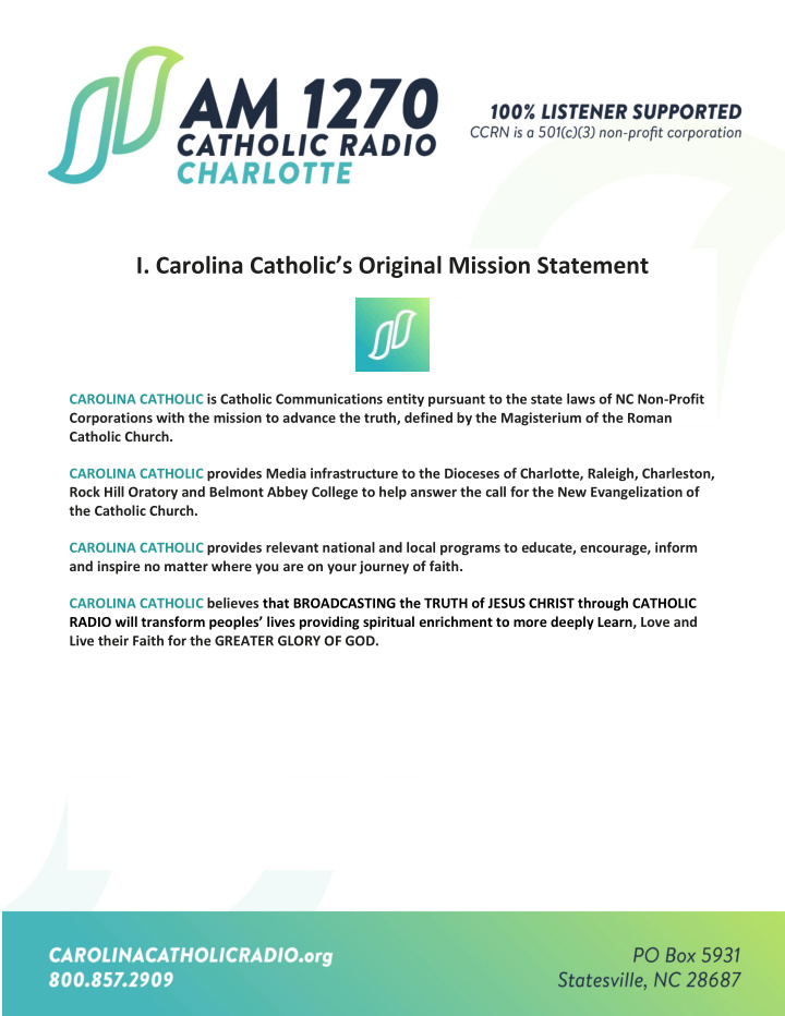 i carolina catholic s original mission statement
