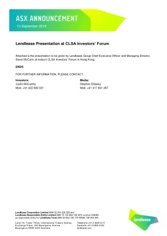 13 September 2018 Lendlease Presentation at CLSA Investors Forum  Attached is the presentation