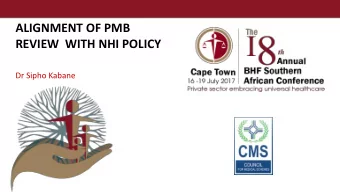 ALIGNMENT OF PMB  REVIEW  WITH NHI POLICY  Dr Sipho Kabane  BACKGROUND NHI  STRATEGIC ALIGNMENT