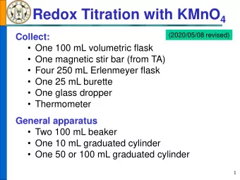 Principle - Standardization  Standardization of KMnO 4 (aq) with Na 2 C 2 O 4 2- (aq) + 16H +