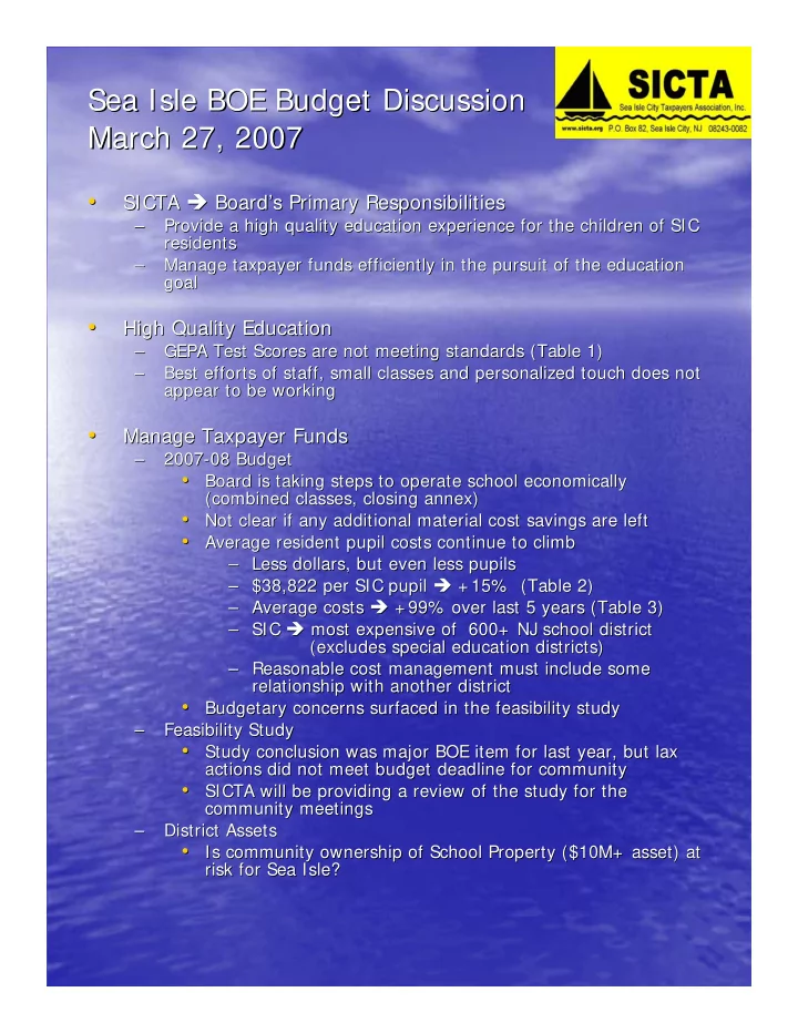 sea isle boe budget discussion sea isle boe budget