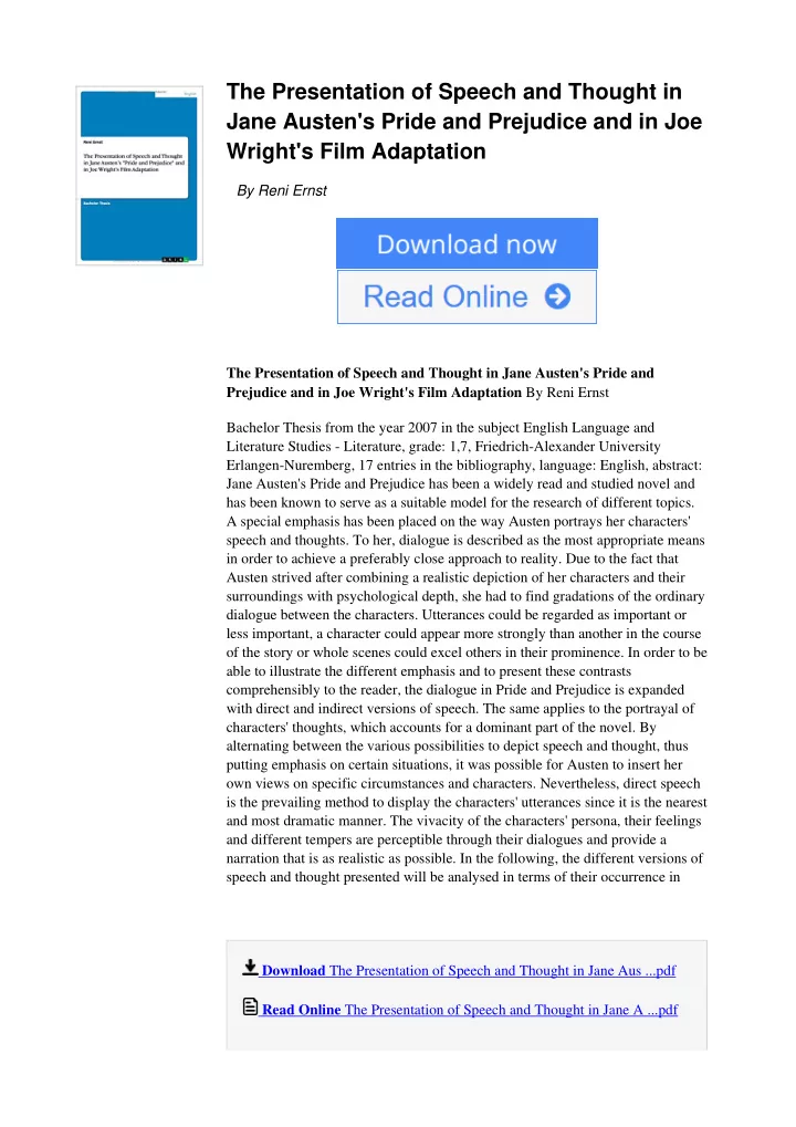 the presentation of speech and thought in jane austen s