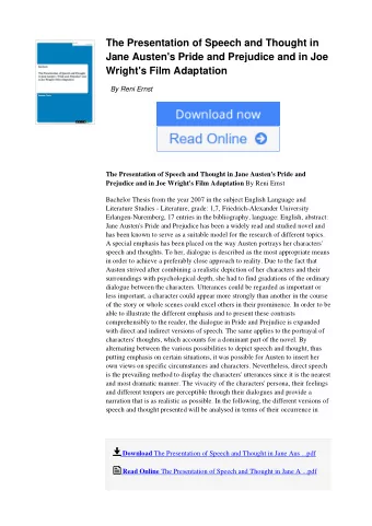 The Presentation of Speech and Thought in  Jane Austen's Pride and Prejudice and in Joe  Wright's