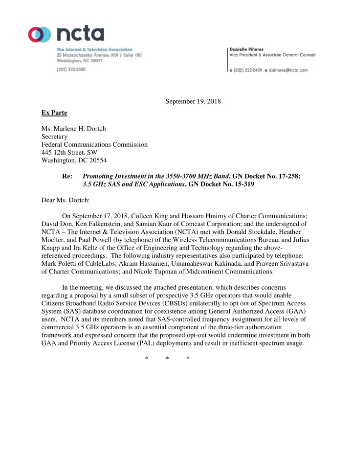 september 19 2018 ex parte ms marlene h dortch secretary