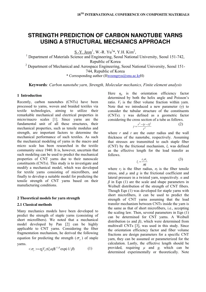 strength prediction of carbon nanotube yarns using a