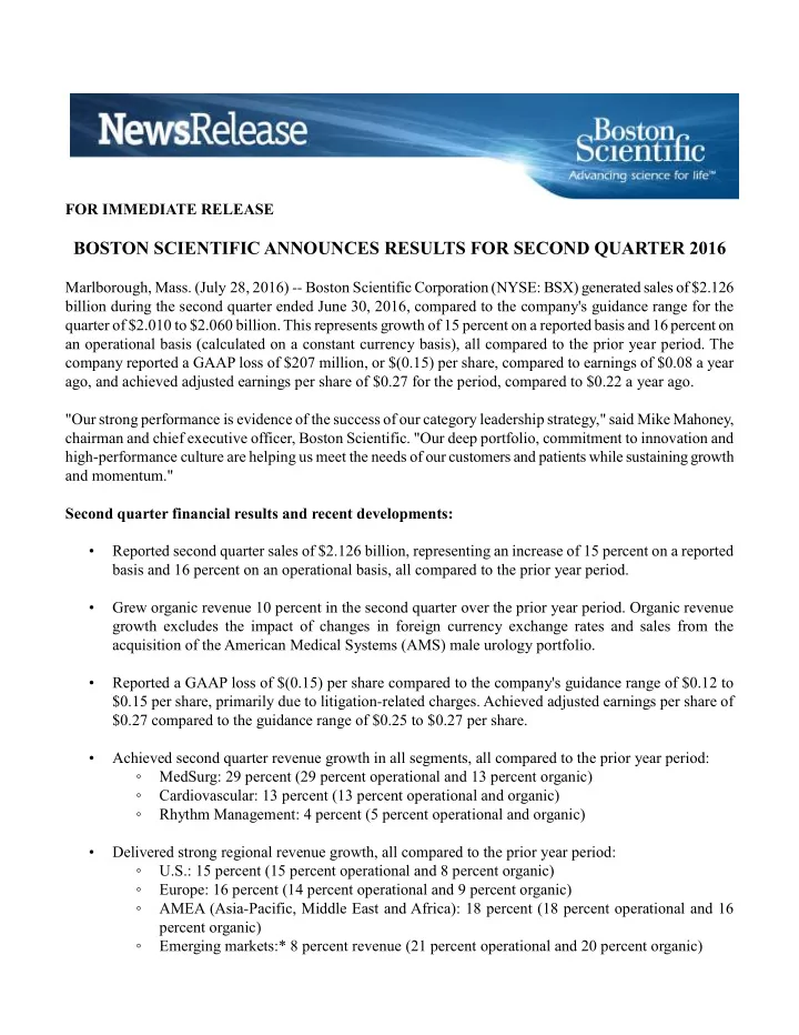 boston scientific announces results for second quarter