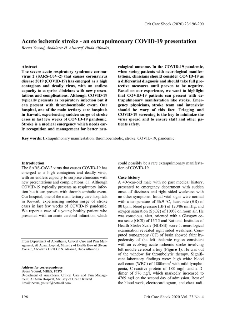 acute ischemic stroke an extrapulmonary covid 19