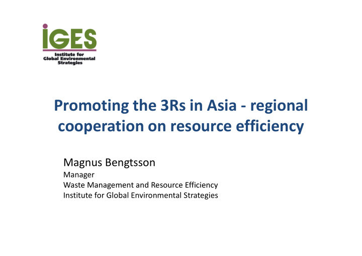 promoting the 3rs in asia regional h l cooperation on