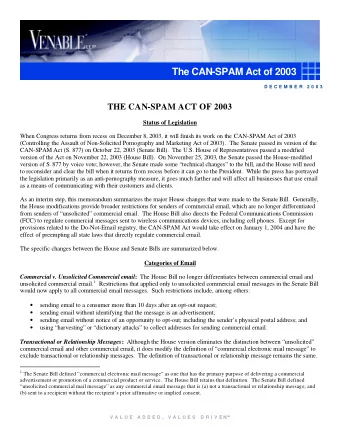 The CAN-SPAM Act of 2003  D E C E M B E R  2 0 0 3  THE CAN-SPAM ACT OF 2003  Status of Legislation