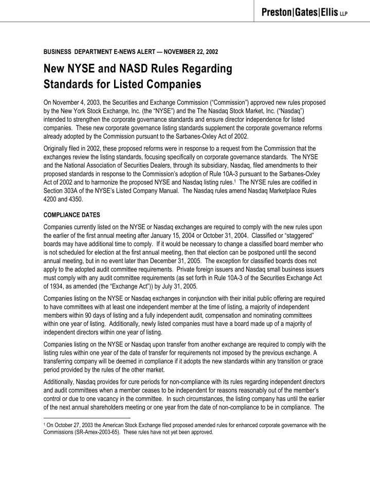new nyse and nasd rules regarding standards for listed