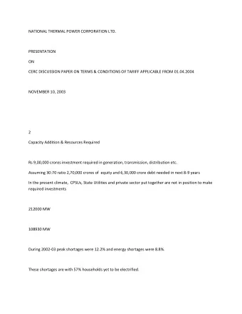 NATIONAL THERMAL POWER CORPORATION LTD.  PRESENTATION  ON  CERC DISCUSSION PAPER ON TERMS &amp;
