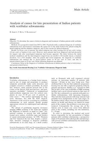 Analysis of causes for late presentation of Indian patients  with vestibular schwannoma R A MBETT ,