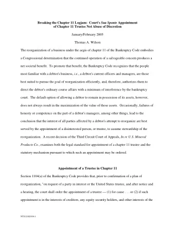 Breaking the Chapter 11 Logjam:  Court's Sua Sponte Appointment  of Chapter 11 Trustee Not Abuse of