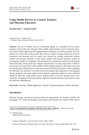 Using Mobile Devices to Connect Teachers  and Museum Educators Ibrahim Delen 1 &amp; Joseph Krajcik
