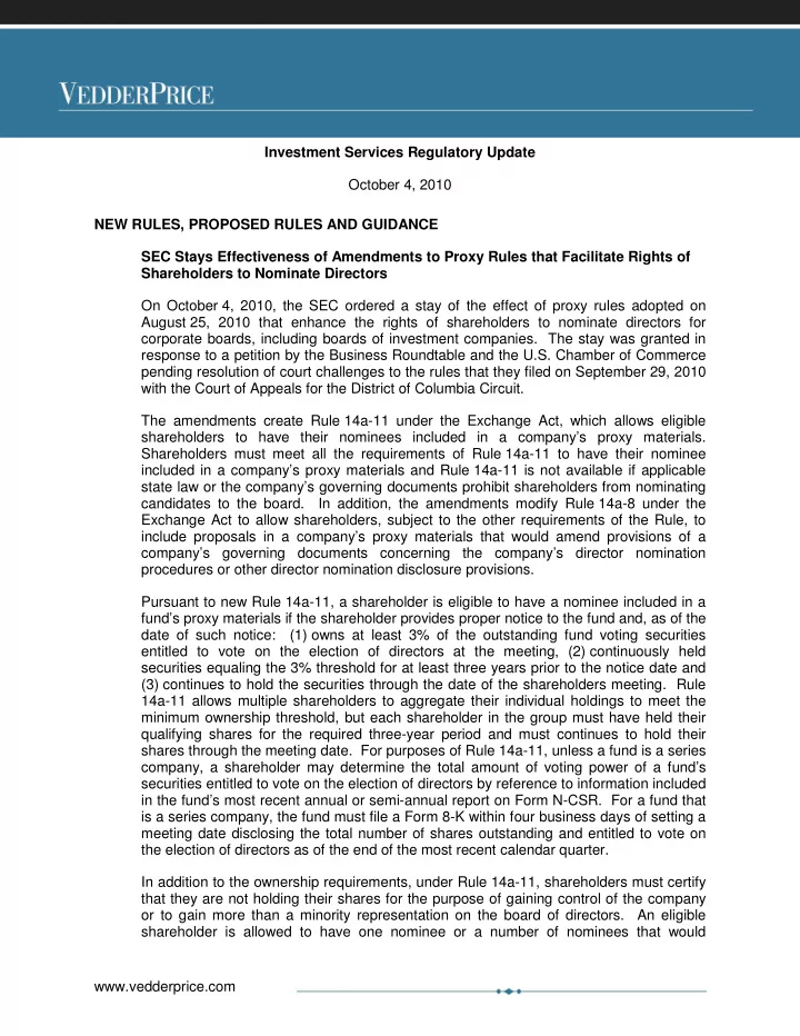 investment services regulatory update october 4 2010 new