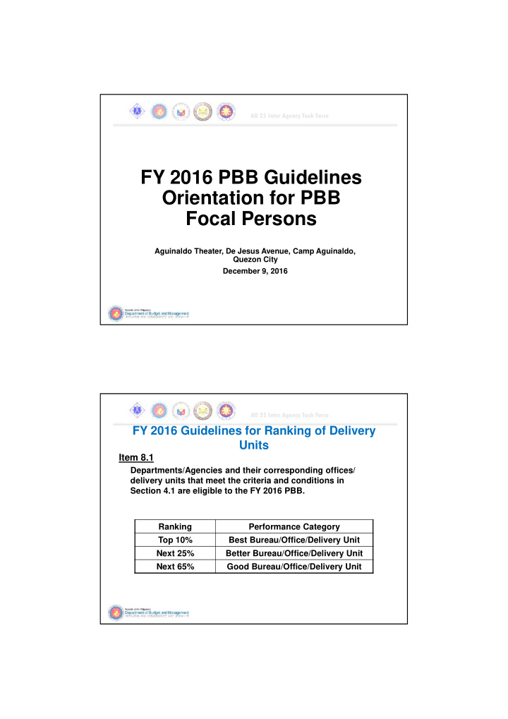 fy 2016 pbb guidelines orientation for pbb focal persons