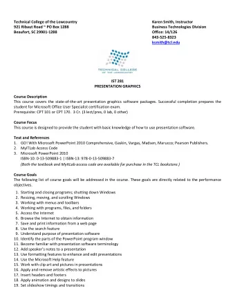 Technical College of the Lowcountry  Karen Smith, Instructor  921 Ribaut Road ~ PO Box 1288