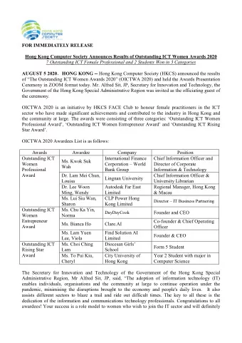 FOR IMMEDIATELY RELEASE  Hong Kong Computer Society Announces Results of Outstanding ICT Women