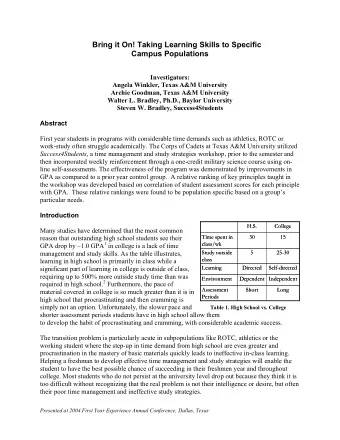 Bring it On! Taking Learning Skills to Specific  Campus Populations  Investigators:  Angela